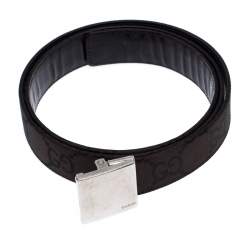 Pre Owned Gucci Dark Brown GG Fabric Logo Plaque Buckle Belt 90CM
