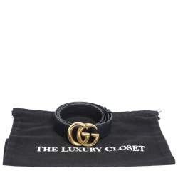 Pre Owned Gucci Navy Blue Leather GG Logo Buckle Belt 80CM
