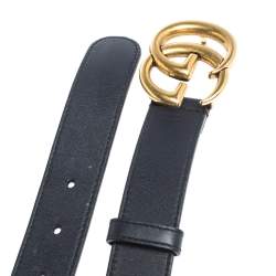 Pre Owned Gucci Navy Blue Leather GG Logo Buckle Belt 80CM
