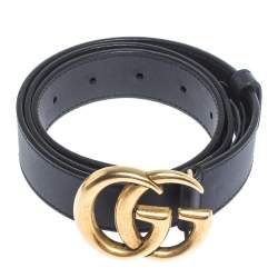 Pre Owned Gucci Navy Blue Leather GG Logo Buckle Belt 80CM