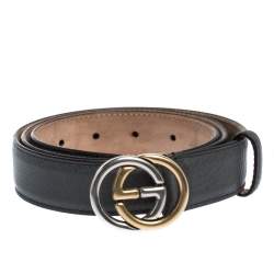 مملوكة مسبقًا حزام غوتشي جلد رصاصي داكن حرف جي متداخل 95 سم