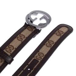 Pre Owned Gucci Beige/Brown GG Canvas and Leather Interlocking G Buckle Belt 90CM