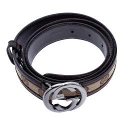 Pre Owned Gucci Beige/Brown GG Canvas and Leather Interlocking G Buckle Belt 90CM