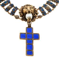 Pre Owned Gucci Lion Head Faux Pearl Antique Gold Tone Chunky Necklace