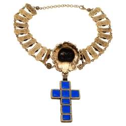 Pre Owned Gucci Lion Head Faux Pearl Antique Gold Tone Chunky Necklace