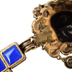 Pre Owned Gucci Lion Head Faux Pearl Antique Gold Tone Chunky Necklace