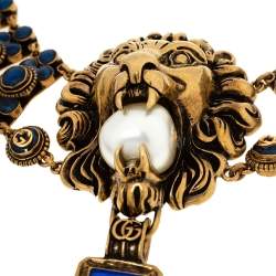 Pre Owned Gucci Lion Head Faux Pearl Antique Gold Tone Chunky Necklace