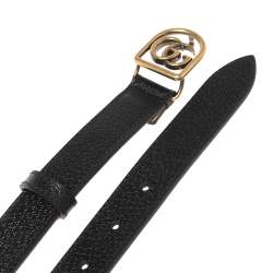 Pre Owned Gucci Black Leather Double G Buckle Narrow Belt Size 85 CM