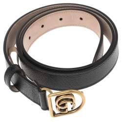 Pre Owned Gucci Black Leather Double G Buckle Narrow Belt Size 85 CM