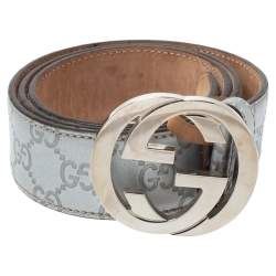 Pre Owned Gucci Silver Guccissima Leather Interlocking G Buckle Belt 90CM