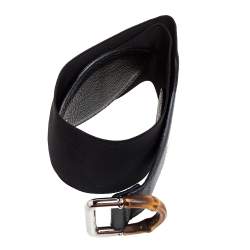 مملوكة مسبقًا حزاك غوتشي جلد أسود وقماش إلاستيك إبزيم بامبو 75 سم