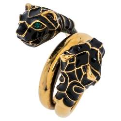Pre Owned Gucci Tiger Double Head Enamel Gold Tone Wrap Ring Size 54.5