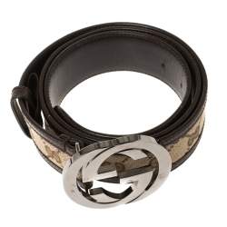 مملوكة مسبقًا حزام غوتشي إبزيم جي متشابك جلد وكانفاس جي جي بيج/ بني 95 سم