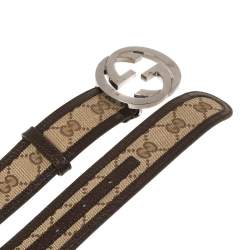 مملوكة مسبقًا حزام غوتشي إبزيم جي متشابك جلد وكانفاس جي جي بيج/ بني 95 سم
