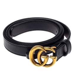 Pre Owned Gucci Black Leather GG Marmont Buckle Narrow Belt 90CM