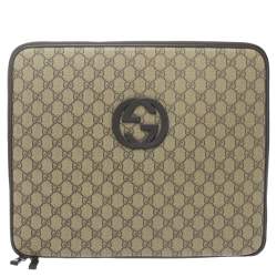 مملوكة مسبقًا حقيبة لابتوب غوتشي مزينة شعار الماركة متداخل جلد و كانفاس جي جي سوبريم بيج و أبنوسي