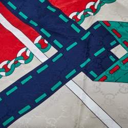 Pre Owned Gucci Green Guccissima Pattern Chain Argyle Print Silk Scarf