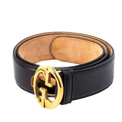 مملوكة مسبقًا حزام غوتشي 1973 إبزيم جلد أسود 85 سم