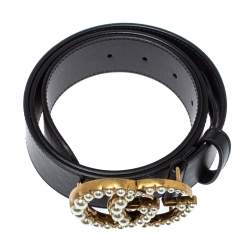 Pre Owned حزام غوتشي إبزيم حرف جي مزدوج مزخرف لؤلؤ جلد أسود 85 سم