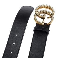 Pre Owned حزام غوتشي إبزيم حرف جي مزدوج مزخرف لؤلؤ جلد أسود 85 سم