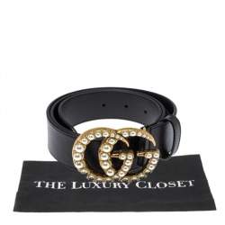 Pre Owned حزام غوتشي إبزيم حرف جي مزدوج مزخرف لؤلؤ جلد أسود 85 سم