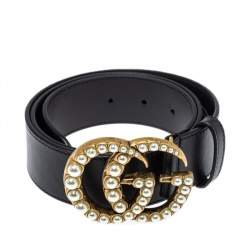 Pre Owned حزام غوتشي إبزيم حرف جي مزدوج مزخرف لؤلؤ جلد أسود 85 سم