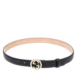 Pre Owned حزام غوتشي رفيع إبزيم جي جي متداخل جلد أسود 75 سم