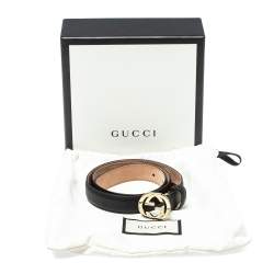 Pre Owned حزام غوتشي رفيع إبزيم جي جي متداخل جلد أسود 75 سم