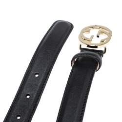 Pre Owned حزام غوتشي رفيع إبزيم جي جي متداخل جلد أسود 75 سم