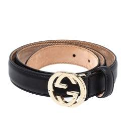Pre Owned حزام غوتشي رفيع إبزيم جي جي متداخل جلد أسود 75 سم