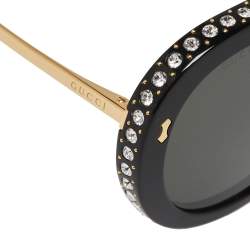 Pre Owned Gucci Black Crystal Studded / Grey GG0307S Foldable Pilot Sunglasses