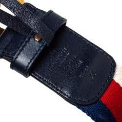 مملوكة مسبقًا حزام غوتشي ويب كانفاس وجلد أزرق كحلي دوبل جي مقاس 85 سم