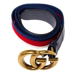 مملوكة مسبقًا حزام غوتشي ويب كانفاس وجلد أزرق كحلي دوبل جي مقاس 85 سم