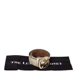 مملوكة مسبقًا Gucci White/Beige Web Canvas and Leather Interlocking G Belt 80CM