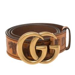 Pre Owned Gucci Brown Leather Loved Double G Buckle Belt 80CM