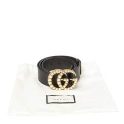 Pre Owned Gucci Black Leather Pearl Embellished Double G Buckle Belt 85CM