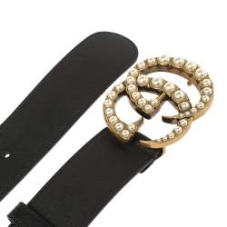Pre Owned Gucci Black Leather Pearl Embellished Double G Buckle Belt 85CM