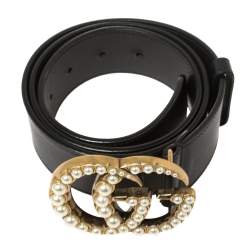 Pre Owned Gucci Black Leather Pearl Embellished Double G Buckle Belt 85CM