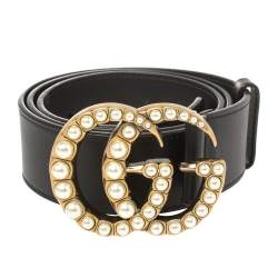 Pre Owned Gucci Black Leather Pearl Embellished Double G Buckle Belt 85CM
