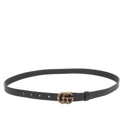 مملوكة مسبقًا حزام غوتسي جلد أسود جي جي مارمونت مزخرف كريستال رفيع 90 سم