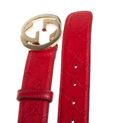 Pre Owned Gucci Red Guccissima Leather Interlocking G Buckle Belt 85CM