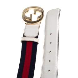 Pre Owned Gucci White Leather and Web Canvas Interlocking G Buckle Belt 90CM