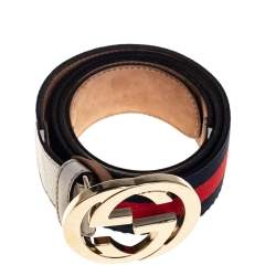 Pre Owned Gucci White Leather and Web Canvas Interlocking G Buckle Belt 90CM