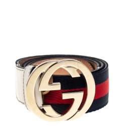 Pre Owned Gucci White Leather and Web Canvas Interlocking G Buckle Belt 90CM