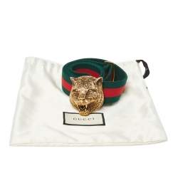Pre Owned Gucci Green/Red Web Tiger Head Buckle Waist Belt 105 CM