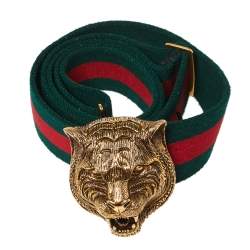 Pre Owned Gucci Green/Red Web Tiger Head Buckle Waist Belt 105 CM