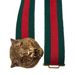 Pre Owned Gucci Green/Red Web Tiger Head Buckle Waist Belt 105 CM
