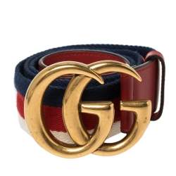 Pre Owned Gucci Red Canvas and Leather Web GG Buckle Belt 85CM