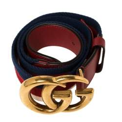 Pre Owned Gucci Red Canvas and Leather Web GG Buckle Belt 85CM