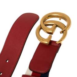 Pre Owned Gucci Red Canvas and Leather Web GG Buckle Belt 85CM